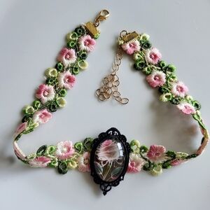 Floral Embroidered Choker Necklace with Rose Cameo – Pink & Green